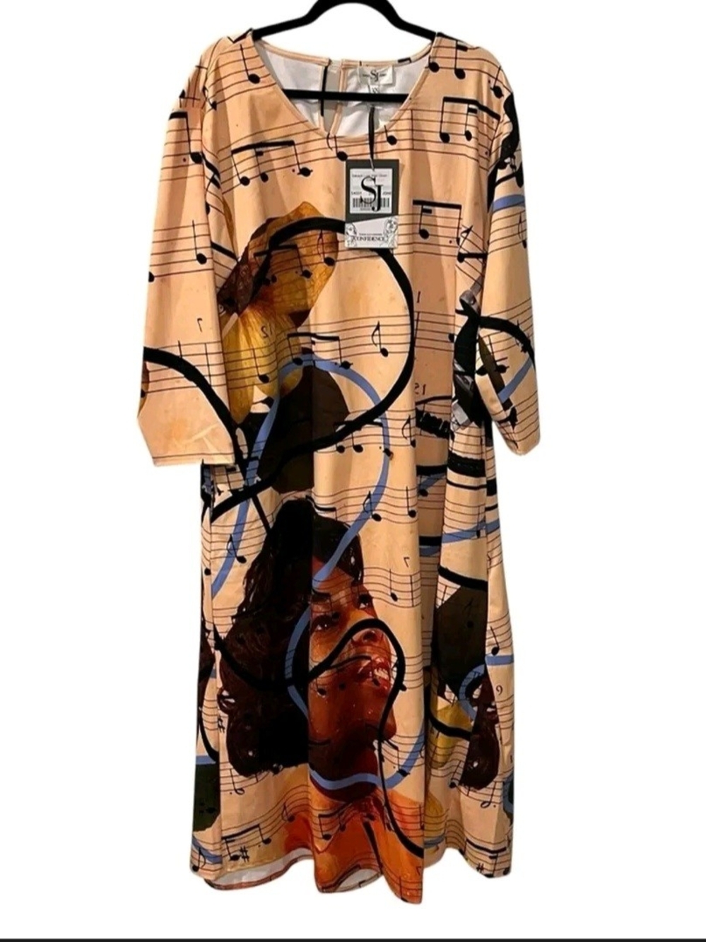 Sassy Jones Peach Musical-Print  Dress with Black & Blue Accents 2x